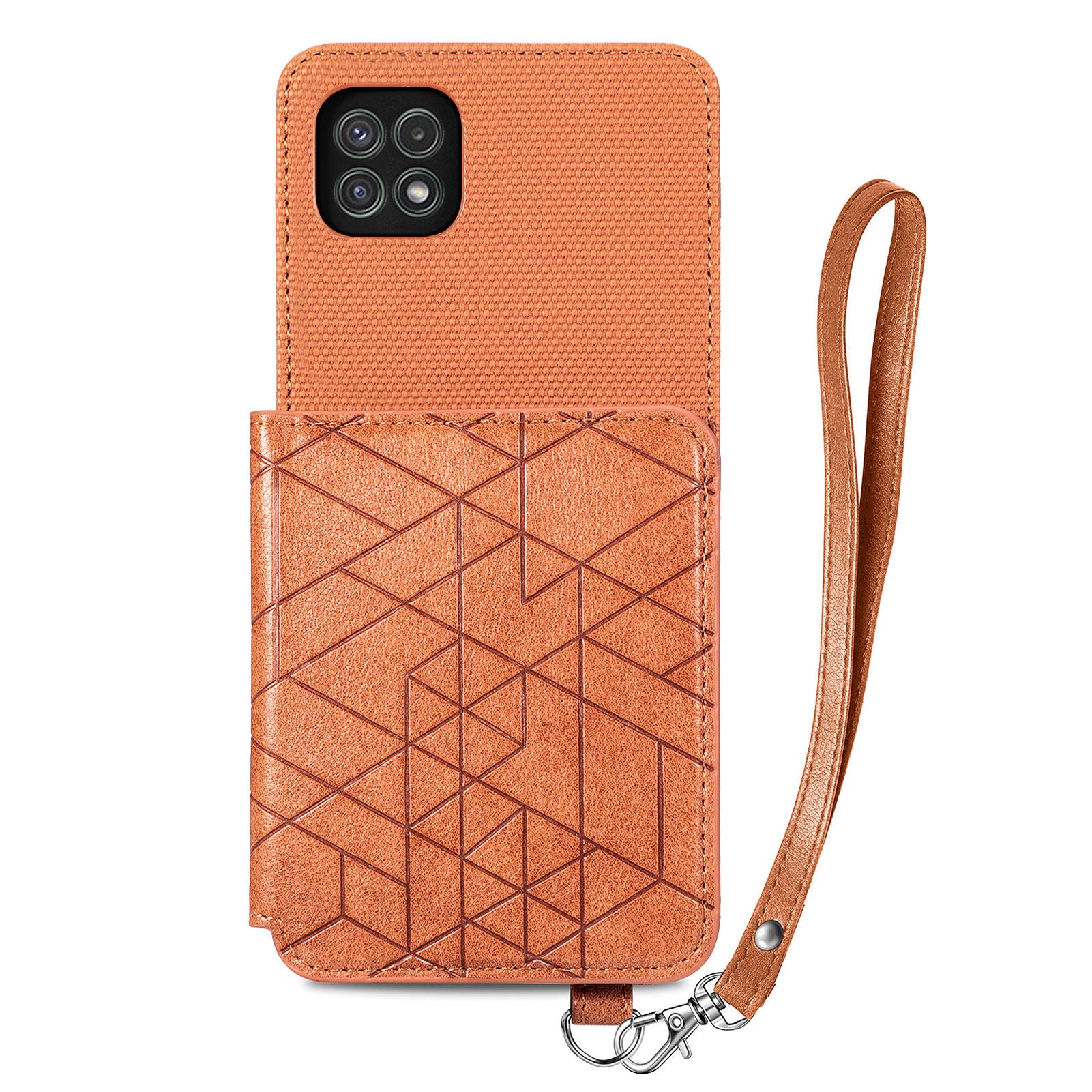 For Samsung Galaxy A22 5G (EU Version) Anti-drop Phone Case Kickstand PU Leather TPU Geometry Imprinted Wallet Cover with Strap For Samsung Galaxy A22 5G (EU Version) Anti-drop Phone Case Kickstand PU Leather TPU Geometry Imprinted Wallet Cover with Strap